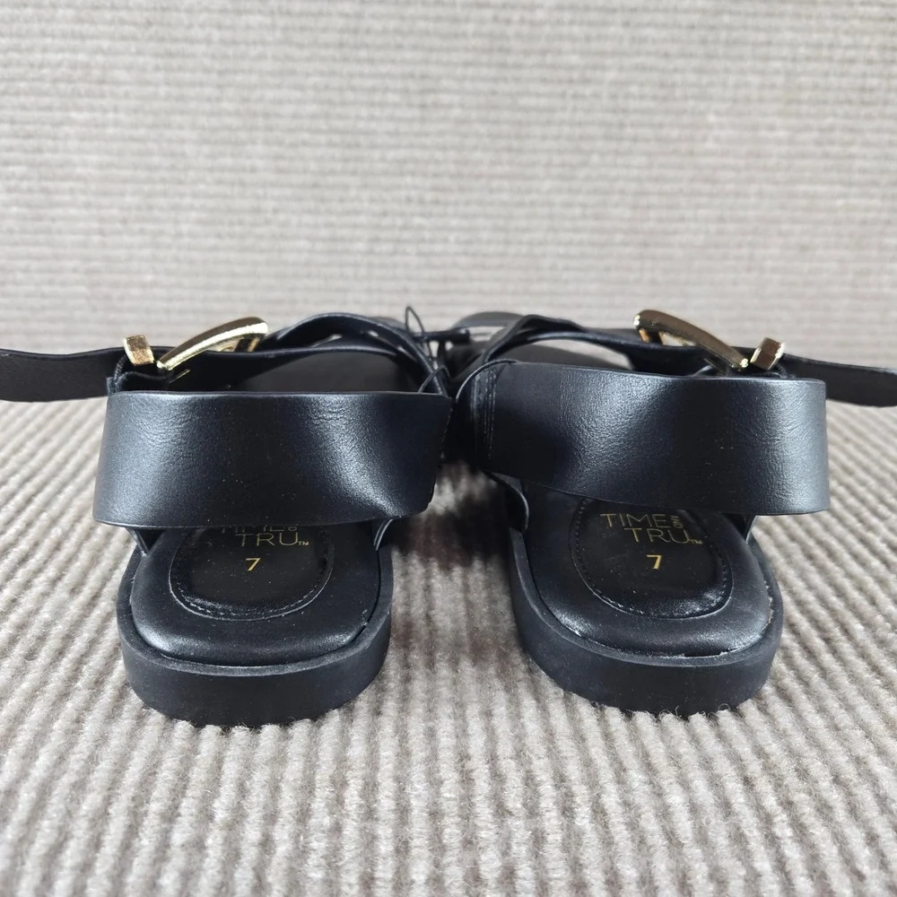 Time and Tru Women Size 7‎ Black Olive Green X Band Buckle Memory Foam Sandals